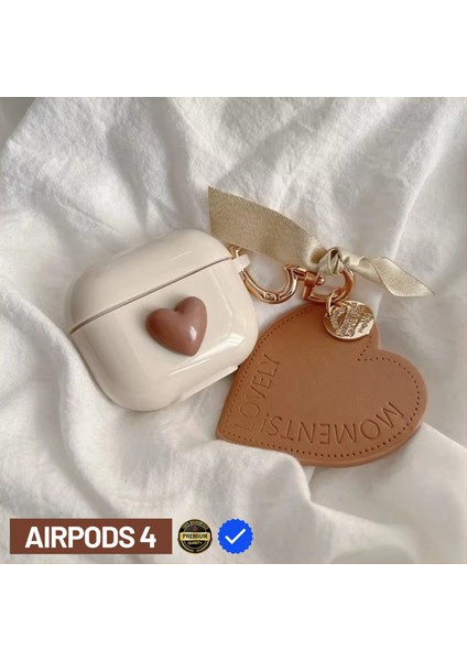 4. Nesil Uyumlu Kahverengi 3D Kalpli ve Kahverengi Kalp Anahtarlık Kancalı Premium Kulaklık Kılıfı