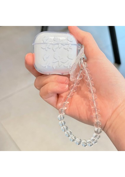 4. Nesil Uyumlu Simli Şeffaf Parıltılı Kelebek ve Boncuk Anahtarlık Kancalı Premium Kulaklık Kılıfı