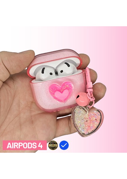 4. Nesil Uyumlu Simli Şeffaf Pembe 3D Kalpli Çan Anahtarlık Kancalı Premium Kulaklık Kılıfı