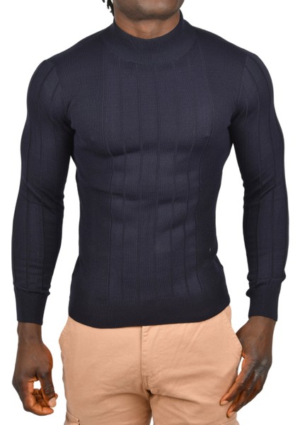Yarım Balıkçı Yaka Çizgili Tüylenmeyen Slim Fit Triko Kazak 2505491