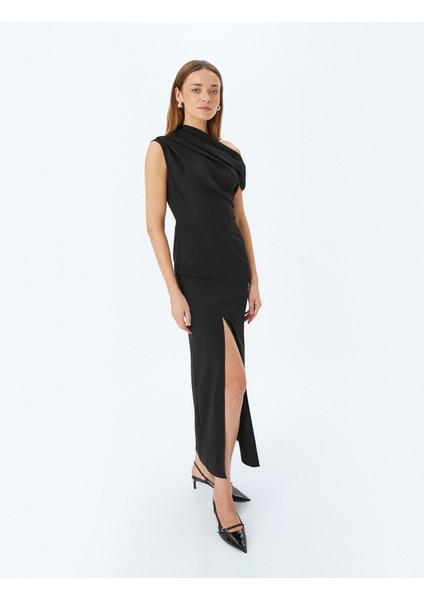 Yırtmaç Detaylı Asimetrik Tek Omuz Uzun Kalem Elbise modelleri