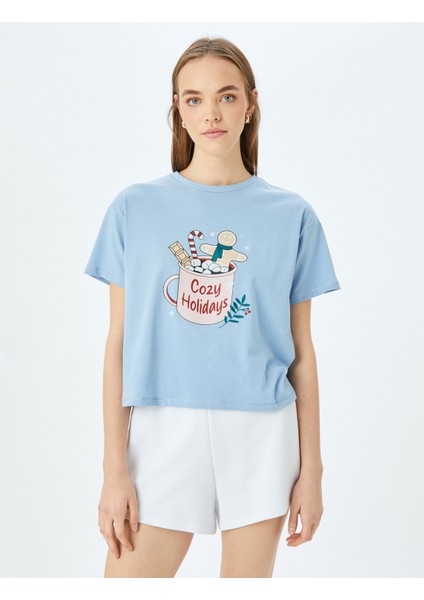 Yılbaşı Temalı Baskılı Kısa Kollu Pijama Üstü