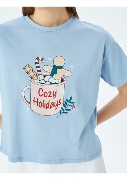 Yılbaşı Temalı Baskılı Kısa Kollu Pijama Üstü