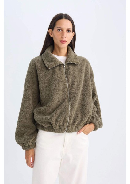 Oversize Geniş Kalıp Polo Yaka Welsoft Pelüş Fermuarlı Hırka C8229AX24WN