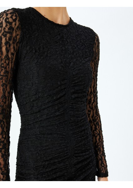 Uzun Kollu Yuvarlak Yaka Slim Fit Drapeli Dantel Mini Elbise indirimleri