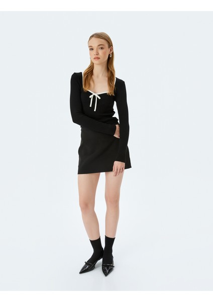 Kalp Yaka Fiyonk Detaylı Fitilli Uzun Kollu Slim Fit Bluz