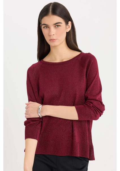 Regular Fit Bisiklet Yaka Basic Düz Bordo Triko Kazak C6818AX24WN