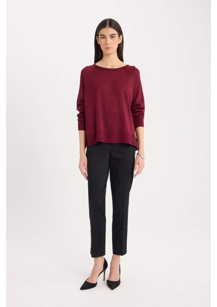 Regular Fit Bisiklet Yaka Basic Düz Bordo Triko Kazak C6818AX24WN