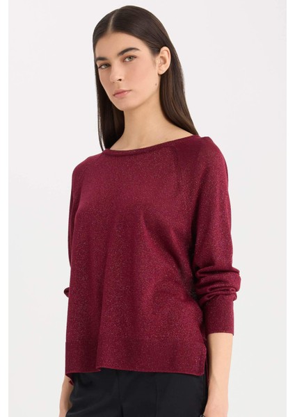 Regular Fit Bisiklet Yaka Basic Düz Bordo Triko Kazak C6818AX24WN