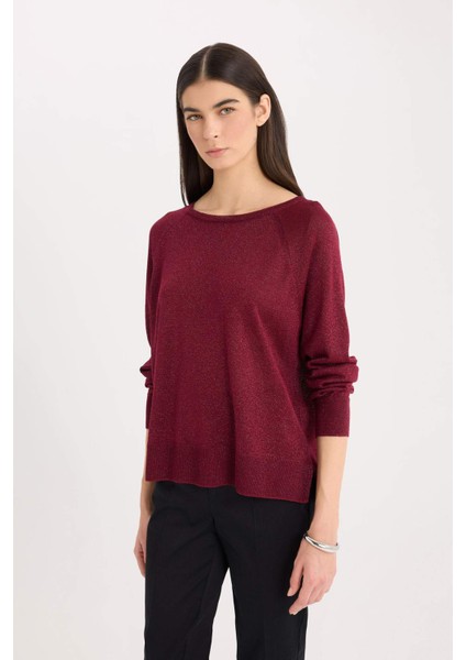 Regular Fit Bisiklet Yaka Basic Düz Bordo Triko Kazak C6818AX24WN