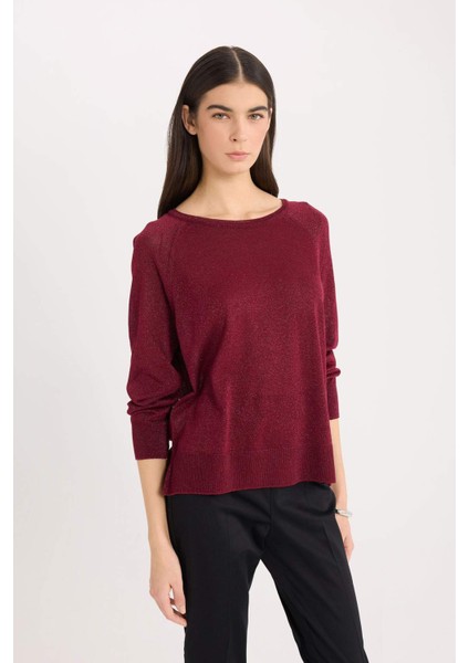 Regular Fit Bisiklet Yaka Basic Düz Bordo Triko Kazak C6818AX24WN