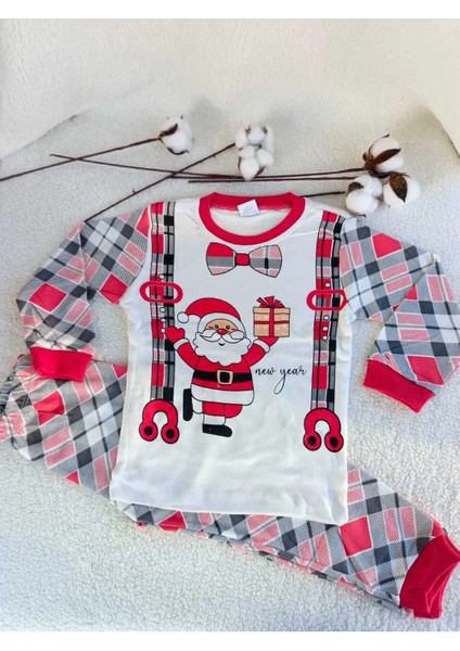 Kız Erkek Çocuk Yılbaşı Noel Yeni Yıl Santa Ekoseli Noel Baba Desen Pijama Takımı