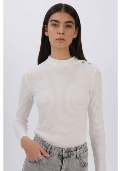 Slim Fit Dar Kesim Yarım Balıkçı Yaka Fitilli Kaşkorse Uzun Kollu Tişört D9499AX24WN
