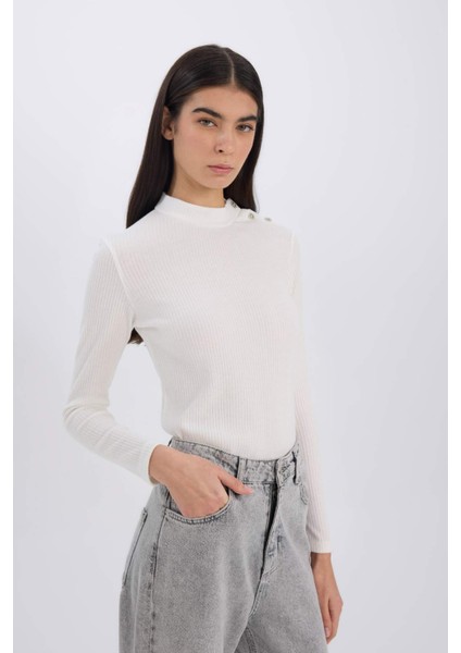 Slim Fit Dar Kesim Yarım Balıkçı Yaka Fitilli Kaşkorse Uzun Kollu Tişört D9499AX24WN modelleri