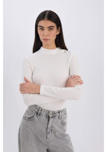 Slim Fit Dar Kesim Yarım Balıkçı Yaka Fitilli Kaşkorse Uzun Kollu Tişört D9499AX24WN fırsatları