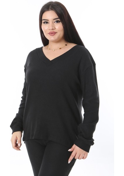 Kadın Büyük Beden Siyah Kaşkorse Kumaş V Yakalı Bluz Pantolon Ikili Takım 65N38379 fırsatları