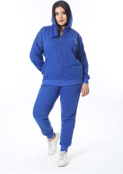 Kadın Büyük Beden Saks Ön Fermuarlı Taş Detaylı Kapşonlu Sweatshirt Pantolon Ikili Takım 26A28091 fiyatları