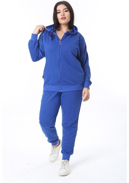 Kadın Büyük Beden Saks Ön Fermuarlı Taş Detaylı Kapşonlu Sweatshirt Pantolon Ikili Takım 26A28091 modelleri