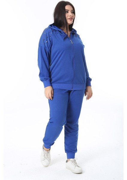 Kadın Büyük Beden Saks Ön Fermuarlı Taş Detaylı Kapşonlu Sweatshirt Pantolon Ikili Takım 26A28091 fırsatları