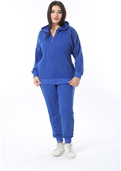 Kadın Büyük Beden Saks Ön Fermuarlı Taş Detaylı Kapşonlu Sweatshirt Pantolon Ikili Takım 26A28091 indirimleri