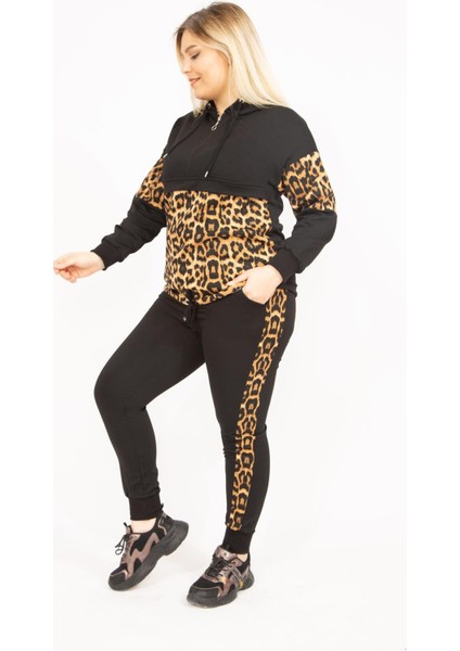 Kadın Siyah Büyük Beden Leopar Garnili Kapşonlu Sweatshirt Pantolon Takım 65N35745 modelleri