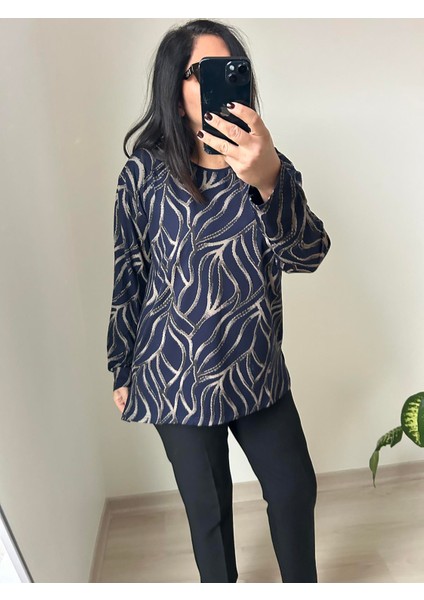 Kadın Büyük Beden Baskılı Sim Detaylı Bluz -BGB63