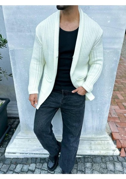 Hırka Kalın Örgü Şal Yaka Cepli Panço Triko Hırka Kapamasız