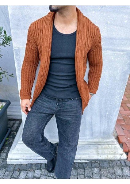 Hırka Kalın Örgü Şal Yaka Cepli Panço Triko Hırka Kapamasız