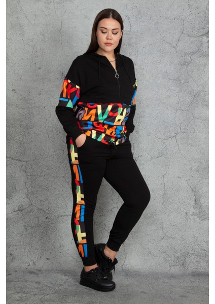 Kapşonlu Fermuar ve Baskı Detaylı Kuşgözlü Sweatshirt Pantolon Takım