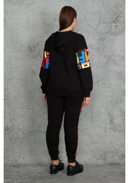Kapşonlu Fermuar ve Baskı Detaylı Kuşgözlü Sweatshirt Pantolon Takım fiyatları