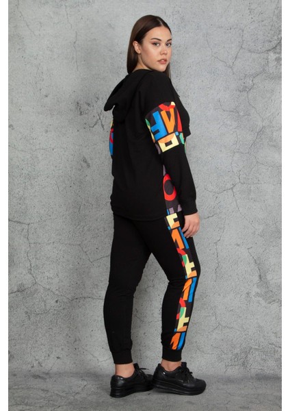 Kapşonlu Fermuar ve Baskı Detaylı Kuşgözlü Sweatshirt Pantolon Takım modelleri