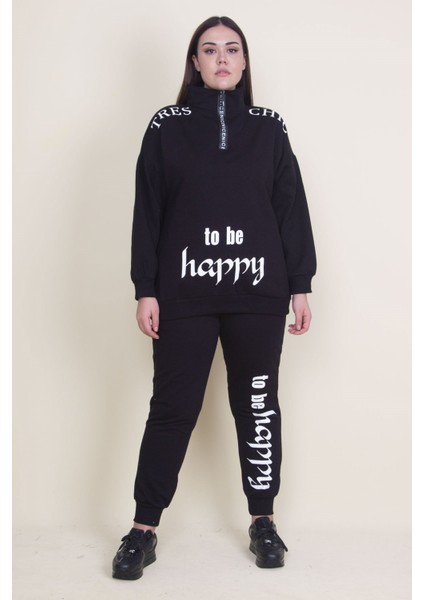 Kadın Gri Pat Fermuar Detaylı Şardonlu Baskılı Eşofman Takım 65N21019