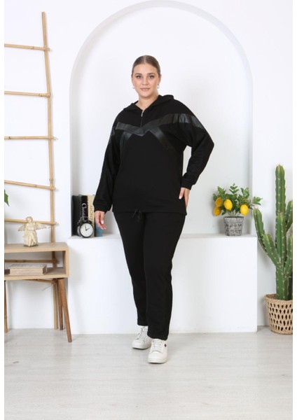 Kadın Büyük Beden Siyah 3 Iplik File Detaylı Kapüşonlu Eşofman Takım 65N38325