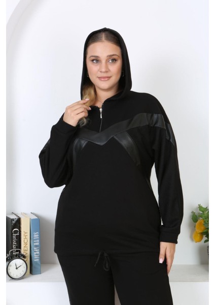 Kadın Büyük Beden Siyah 3 Iplik File Detaylı Kapüşonlu Eşofman Takım 65N38325
