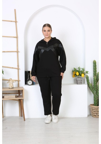 Kadın Büyük Beden Siyah 3 Iplik File Detaylı Kapüşonlu Eşofman Takım 65N38325
