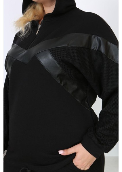 Kadın Büyük Beden Siyah 3 Iplik File Detaylı Kapüşonlu Eşofman Takım 65N38325