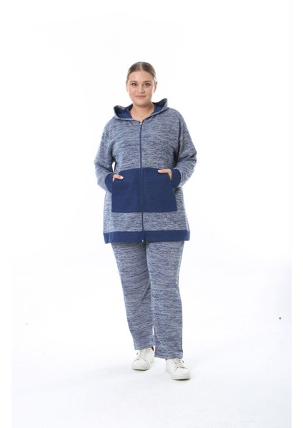 Kadın Büyük Beden Lacivert Selanik Çelik Örme Kapüşonlu Eşofman Takım 65N38326