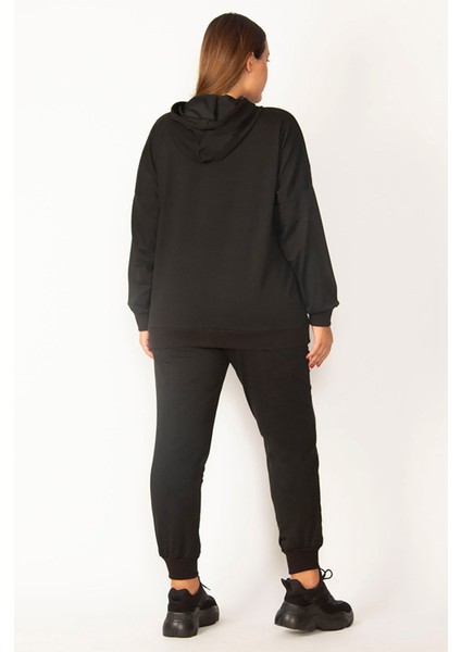 Kadın Siyah Ön Fermuarlı Taş Detaylı Kapşonlu Sweatshirt Pantolon Takım fiyatları