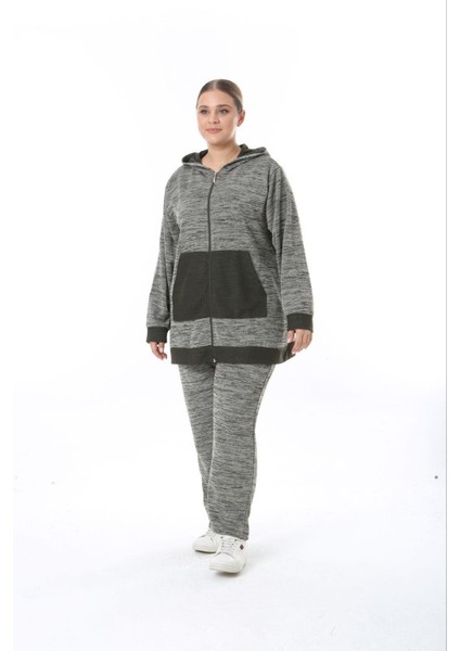 Kadın Büyük Beden Haki Selanik Çelik Örme Kapüşonlu Eşofman Takım 65N38326