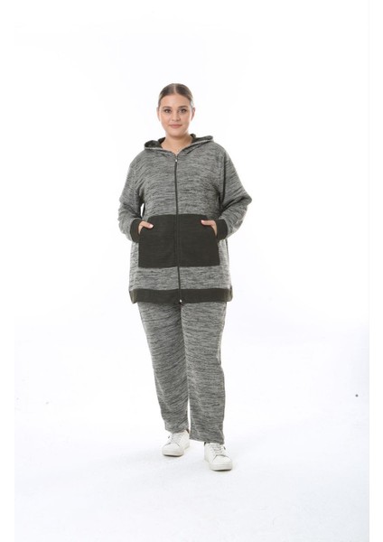 Kadın Büyük Beden Haki Selanik Çelik Örme Kapüşonlu Eşofman Takım 65N38326 fiyatları