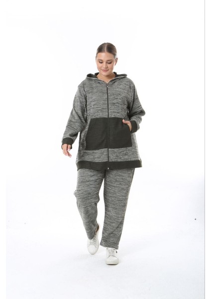 Kadın Büyük Beden Haki Selanik Çelik Örme Kapüşonlu Eşofman Takım 65N38326 modelleri