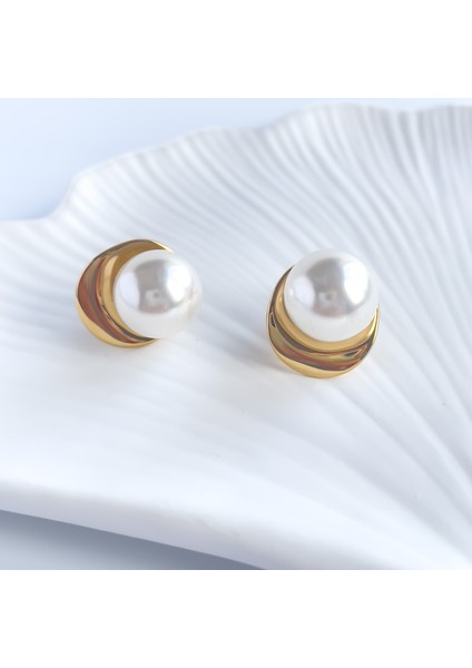 Gold Detaylı Çelik Inci Küpe modelleri
