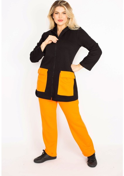 Kadın Mavi Cep Kombinli Kapşonlu Önü Fermuarlı Sweatshirt Pantolon Takım 65N34904