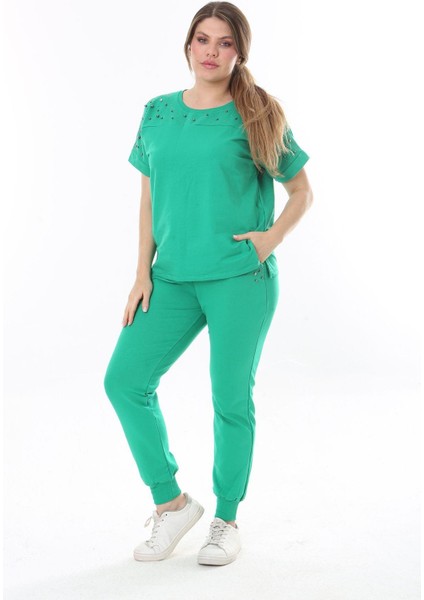 Kadın Büyük Beden Saks Taş Detaylı Kısa Kollu Sweatshirt Pantolon Takım 65N37702
