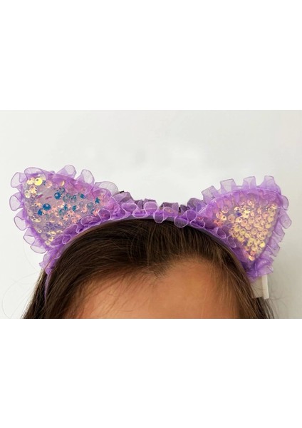 Kenarları Dantelli Mor Pullu Payetli LED Işıklı Kedi Kulak Taç 17X19 cm modelleri