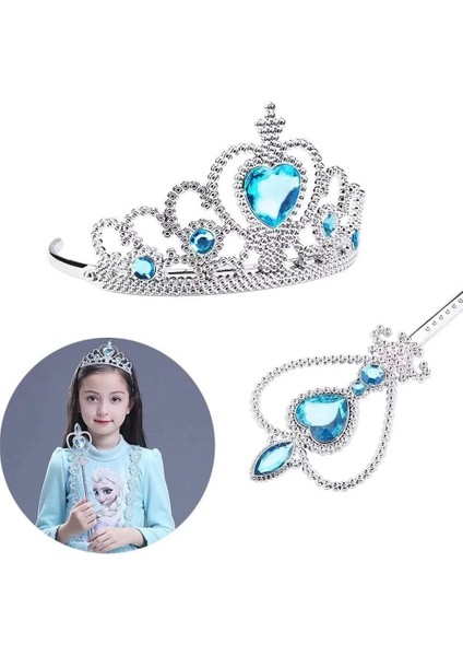 Karlar Ülkesi Elsa Mavi Kalpli Taç ve Mavi Asa Seti Çocuk Boy