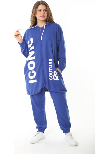 Kadın Büyük Beden Gri Baskı ve Fermuar Detaylı Kapşonlu Sweatshirt Pantolon Takım 65N37128