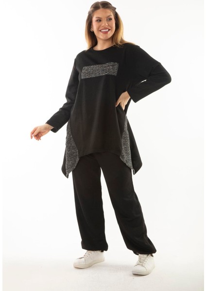 Kadın Büyük Beden Siyah Sim Detaylı Sweatshirt Pantolon Ikili Takım 65N37054