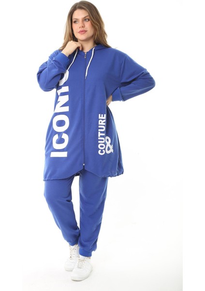 Kadın Büyük Beden Gri Baskı ve Fermuar Detaylı Kapşonlu Sweatshirt Pantolon Takım 65N37128 fiyatları