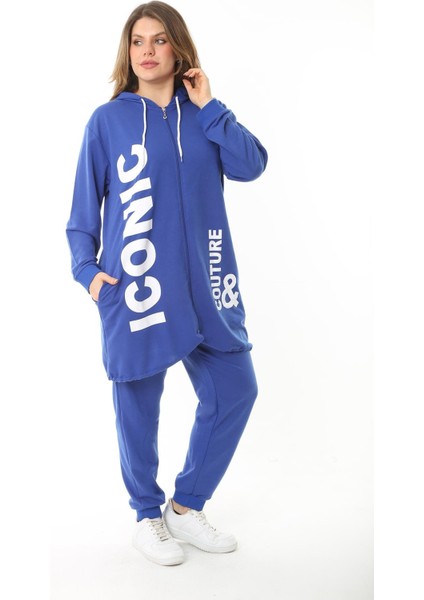 Kadın Büyük Beden Gri Baskı ve Fermuar Detaylı Kapşonlu Sweatshirt Pantolon Takım 65N37128 modelleri
